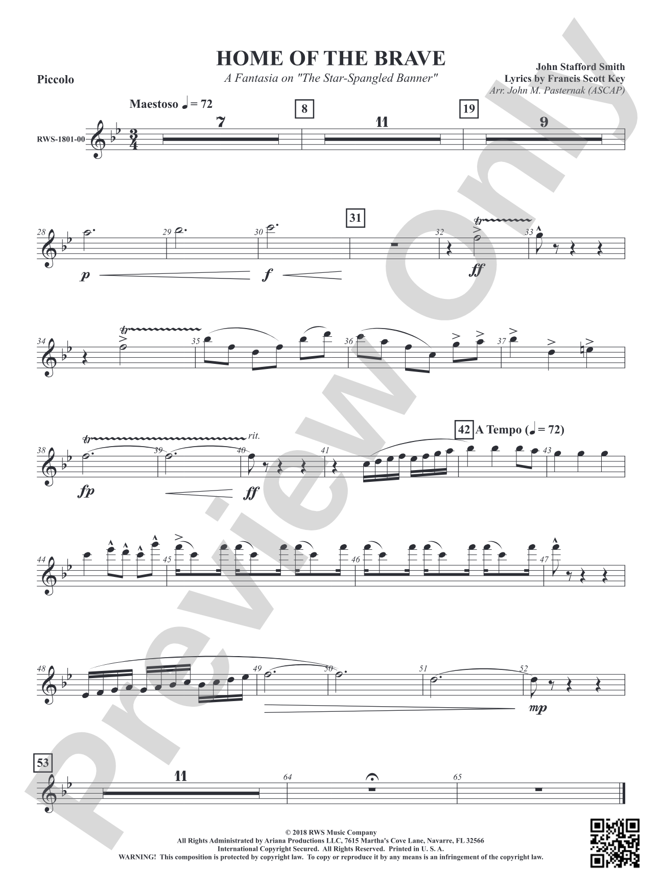 Home of the Brave - A Fantasia on "The Star Spangled Banner": Piccolo