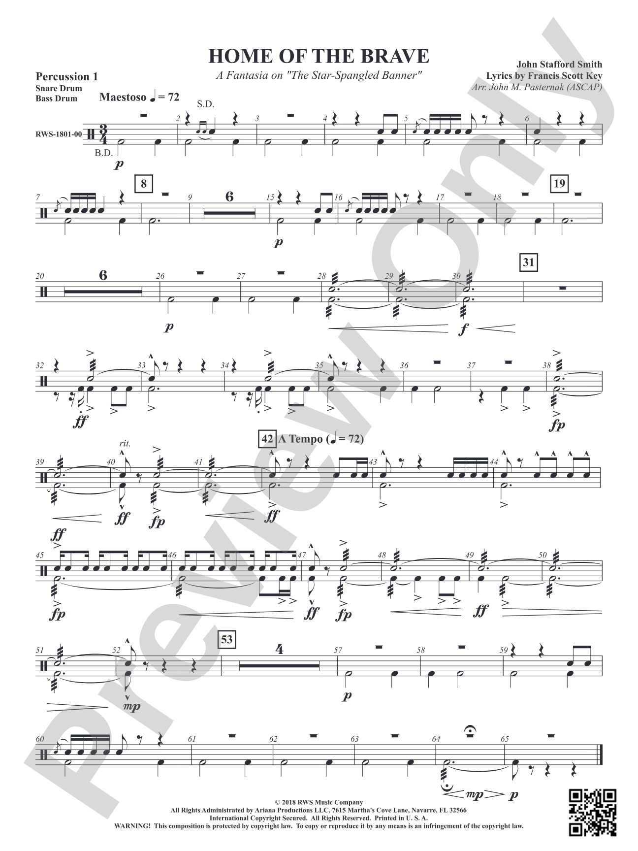 Home of the Brave - A Fantasia on "The Star Spangled Banner": 1st Percussion