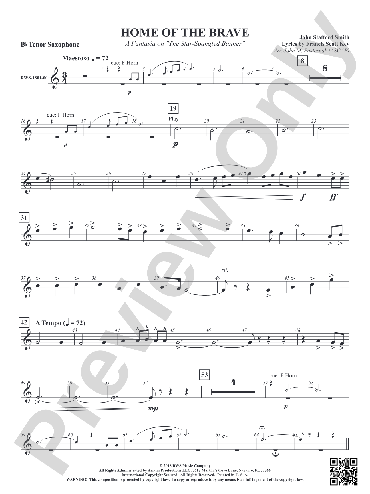 Home of the Brave - A Fantasia on "The Star Spangled Banner": B-flat Tenor Saxophone