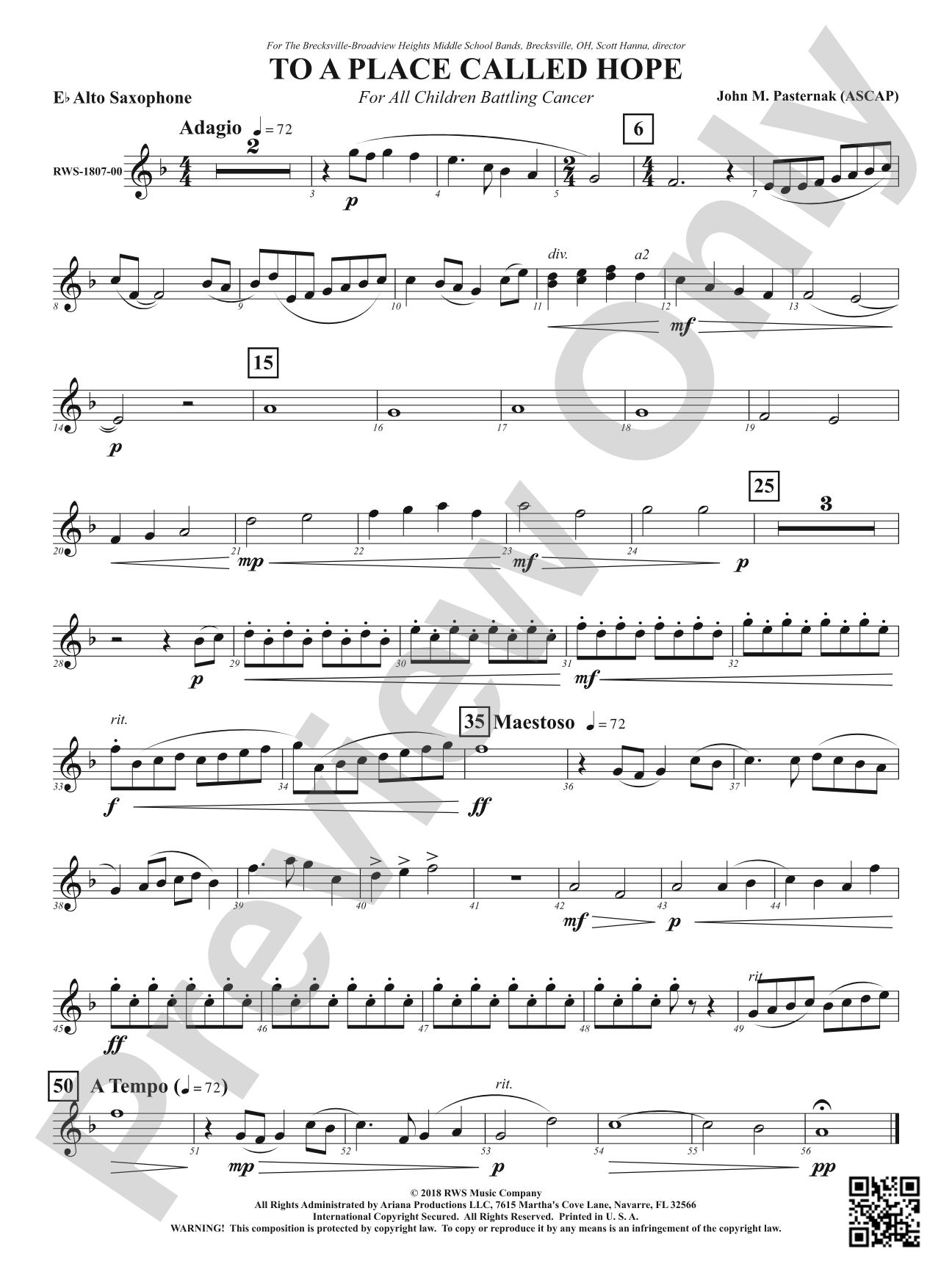 To a Place Called Hope - For All Children Battling Cancer: 1st E-flat Alto Saxophone