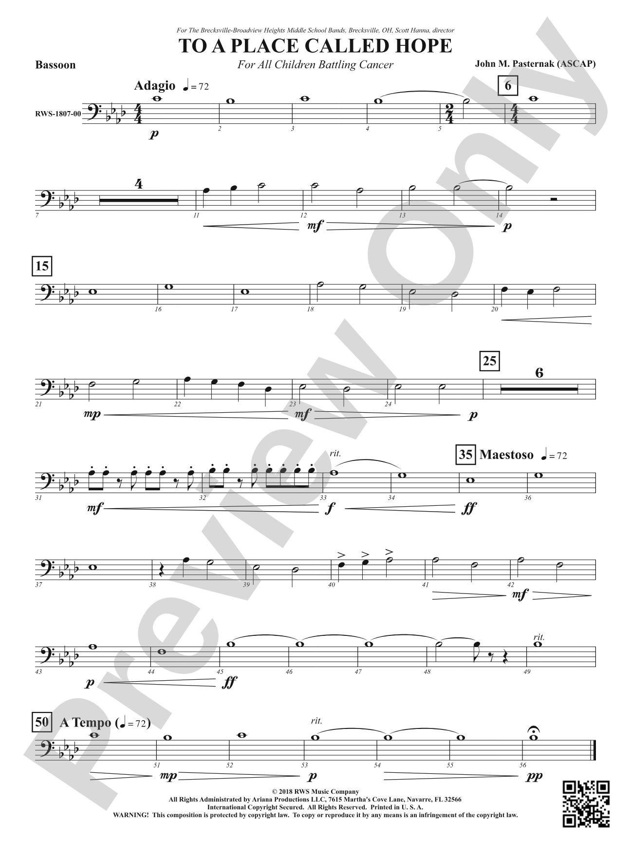 To a Place Called Hope - For All Children Battling Cancer: Bassoon