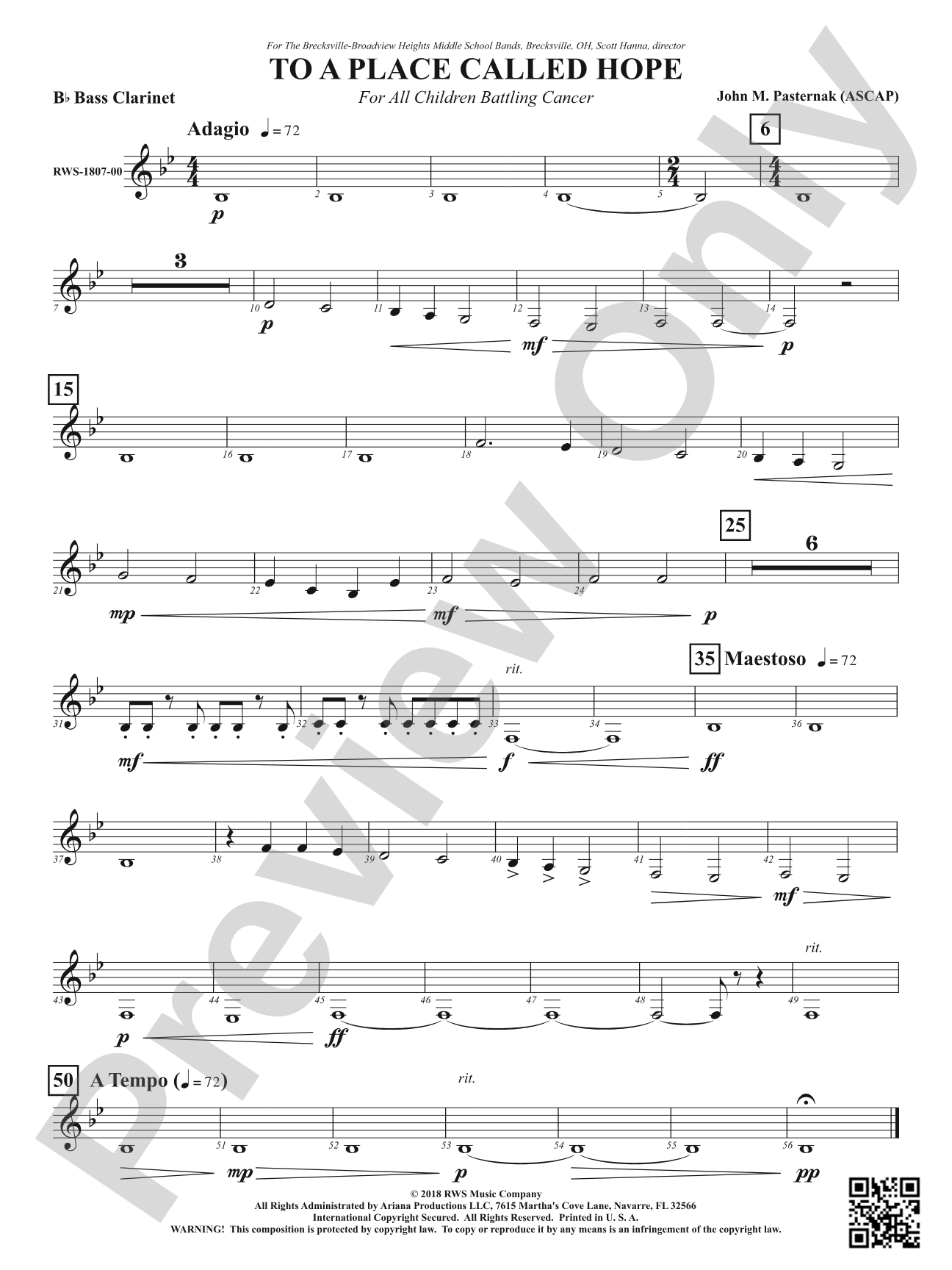 To a Place Called Hope - For All Children Battling Cancer: B-flat Bass Clarinet