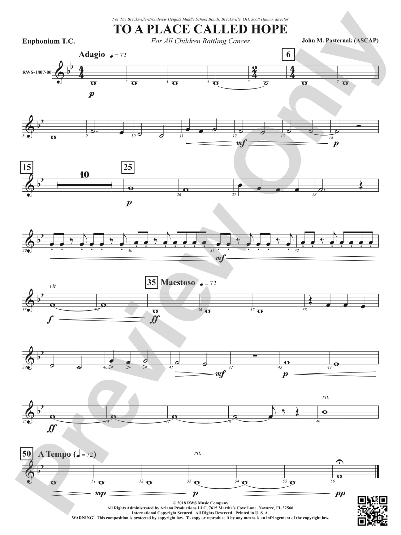 To a Place Called Hope - For All Children Battling Cancer: Baritone T.C.