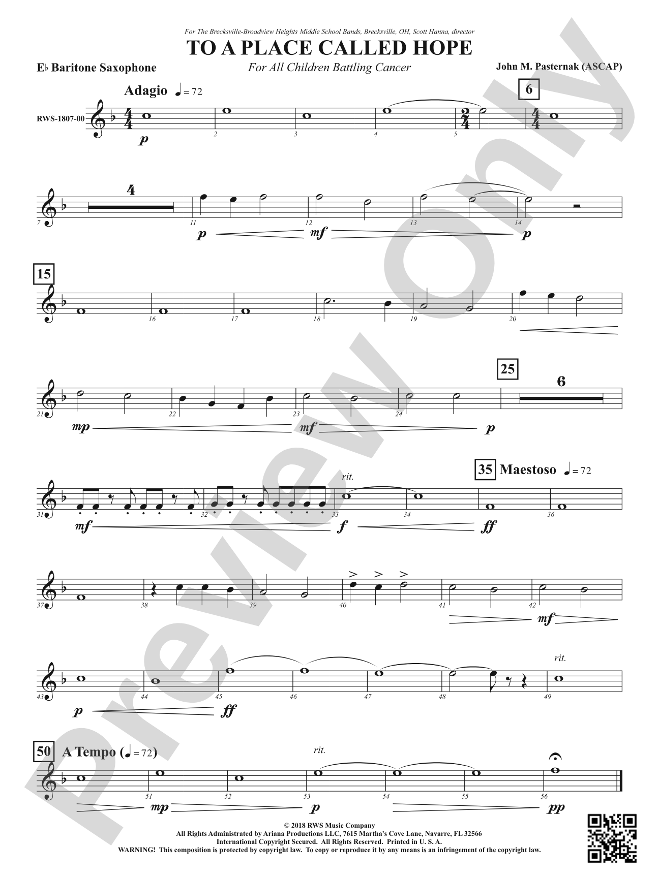 To a Place Called Hope - For All Children Battling Cancer: E-flat Baritone Saxophone