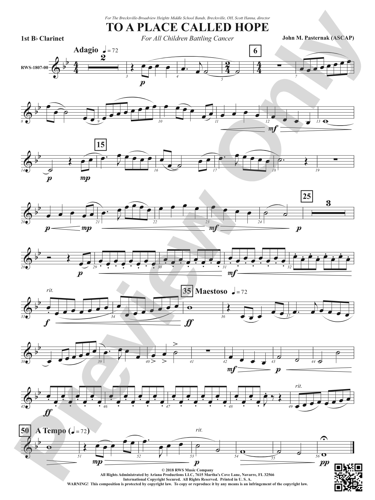To a Place Called Hope - For All Children Battling Cancer: 1st B-flat Clarinet