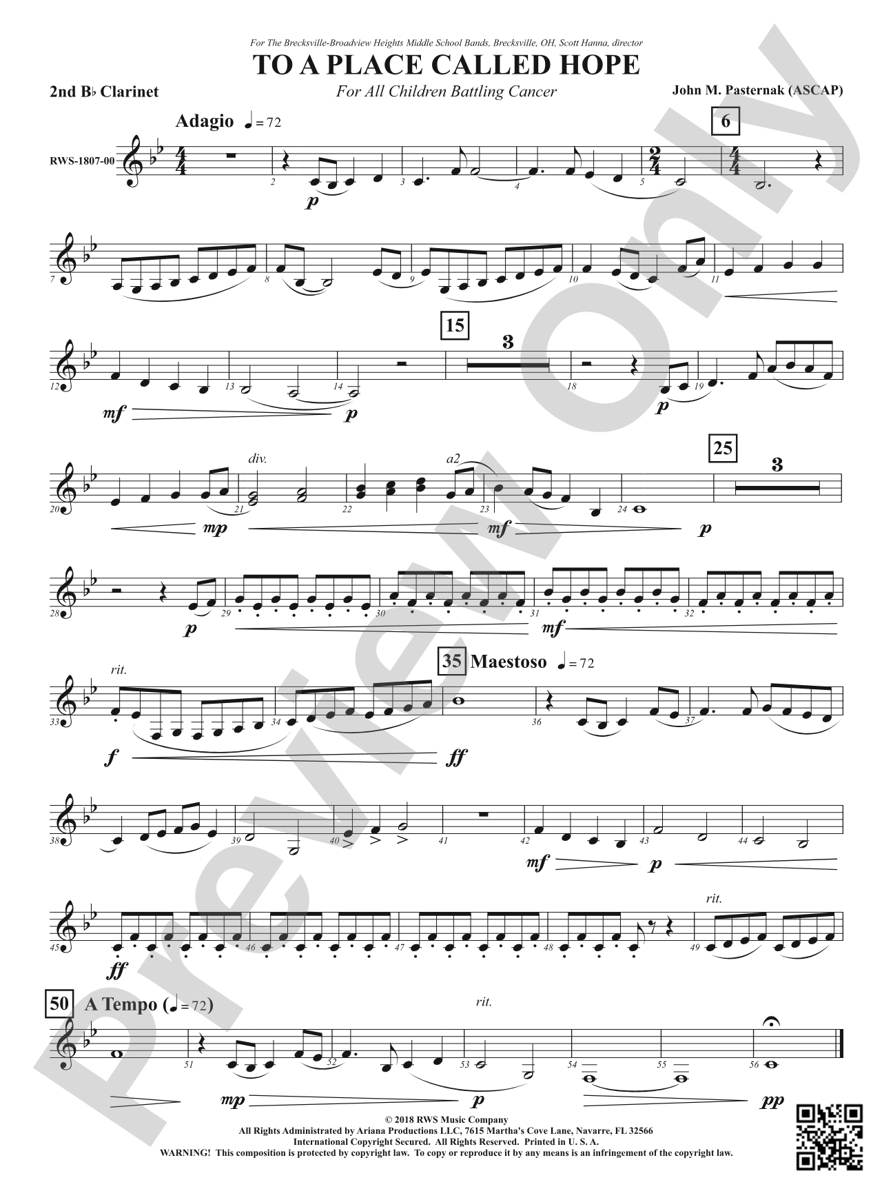 To a Place Called Hope - For All Children Battling Cancer: 2nd B-flat Clarinet