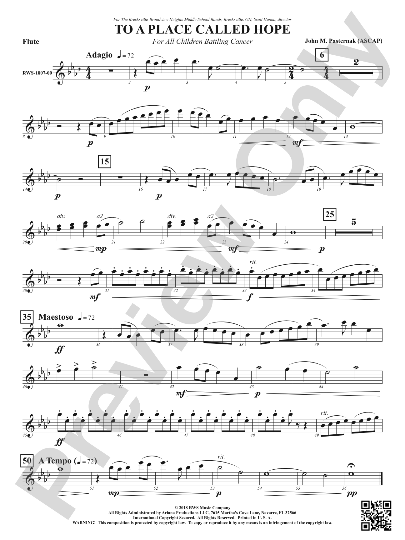 To a Place Called Hope - For All Children Battling Cancer: 1st Flute