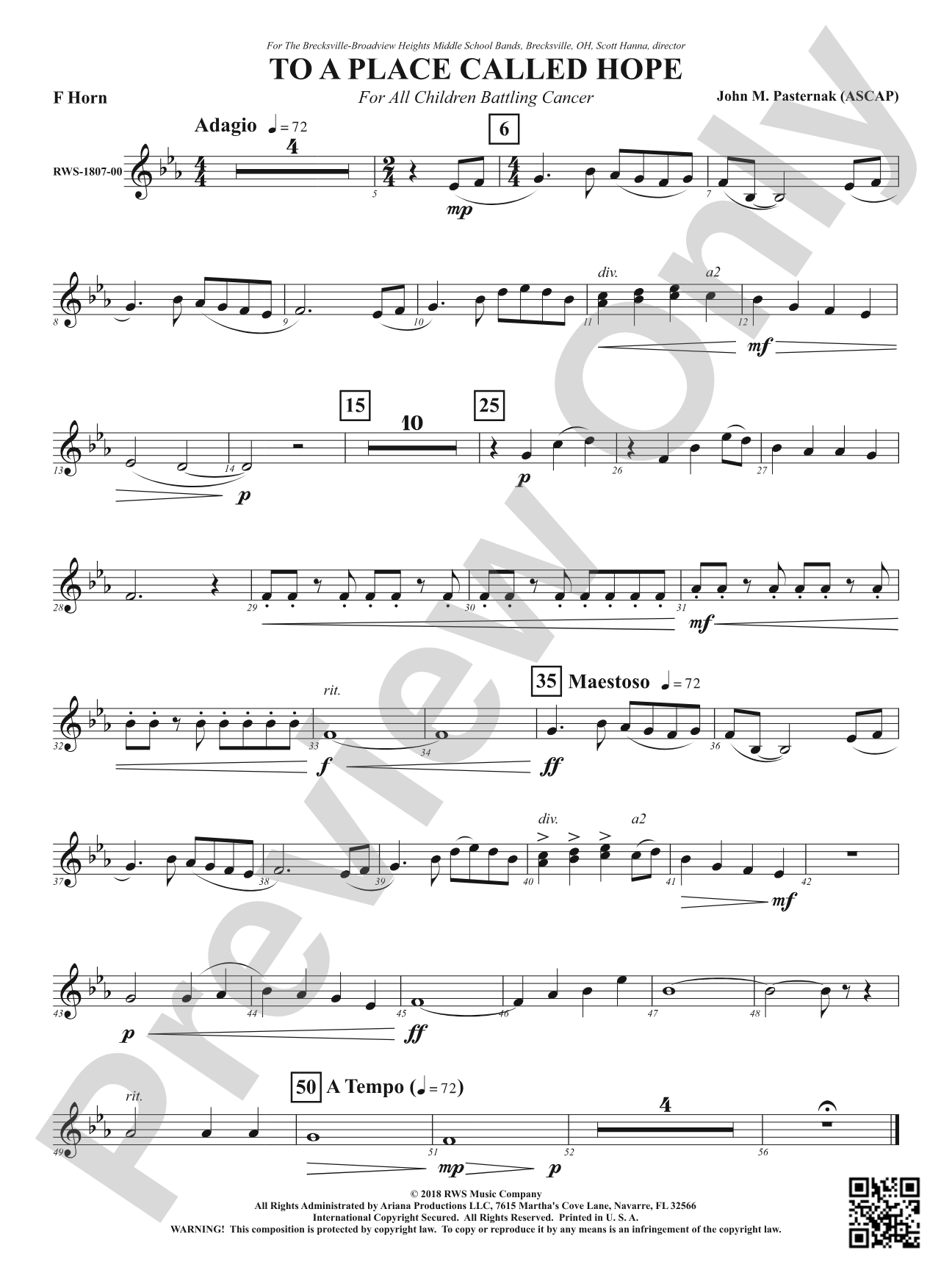 To a Place Called Hope - For All Children Battling Cancer: 1st F Horn