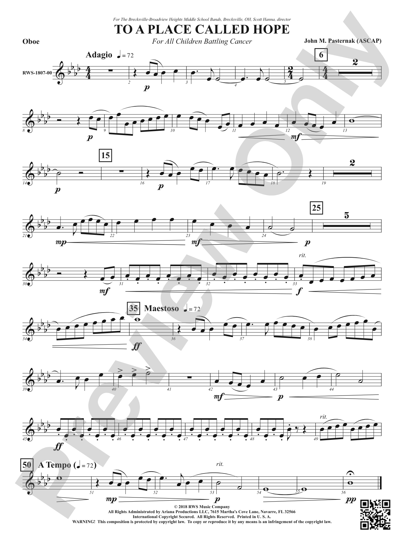 To a Place Called Hope - For All Children Battling Cancer: Oboe
