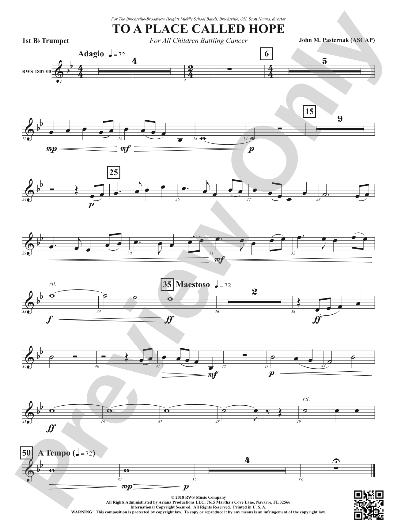 To a Place Called Hope - For All Children Battling Cancer: 1st B-flat Trumpet