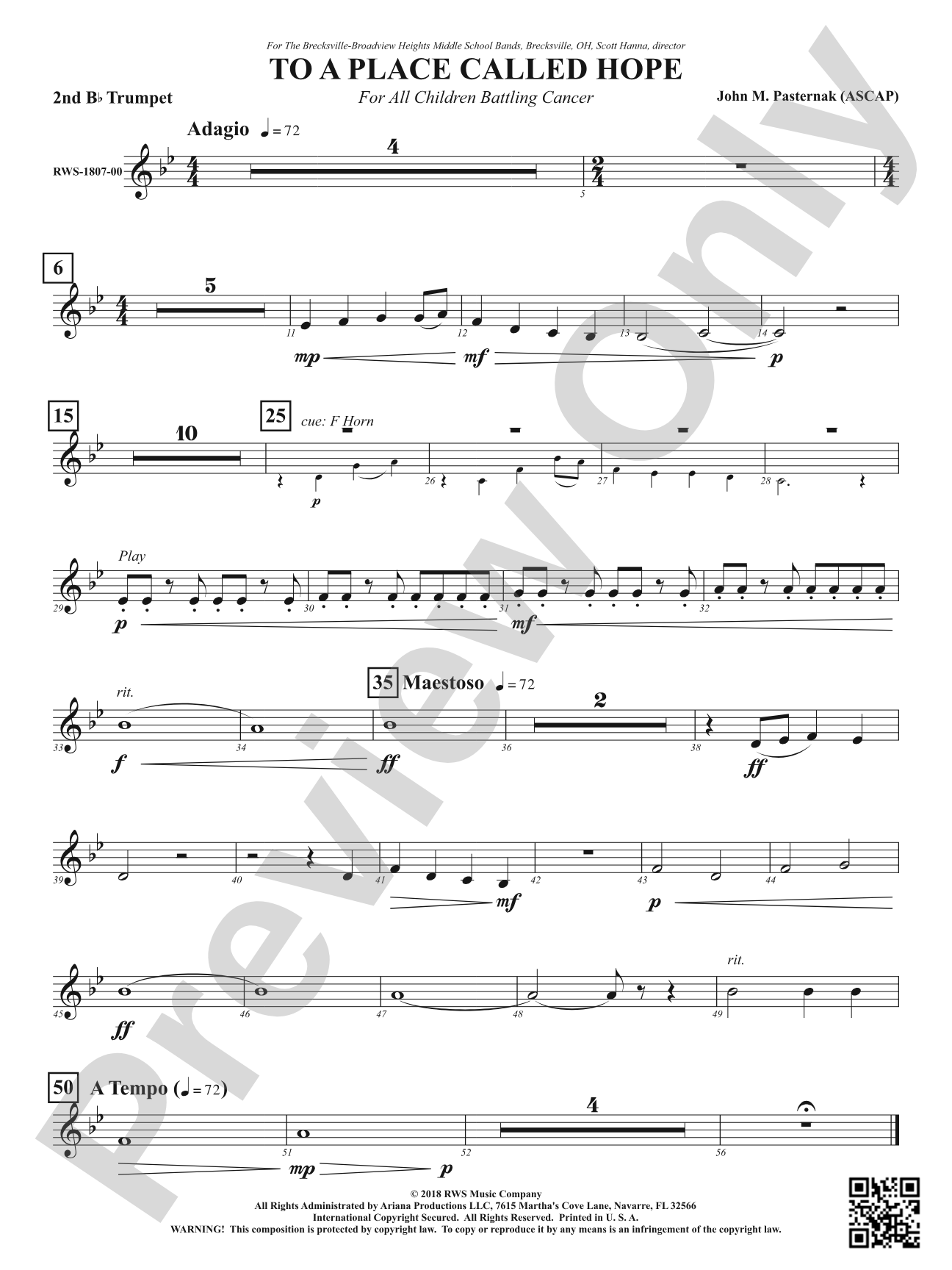 To a Place Called Hope - For All Children Battling Cancer: 2nd B-flat Trumpet