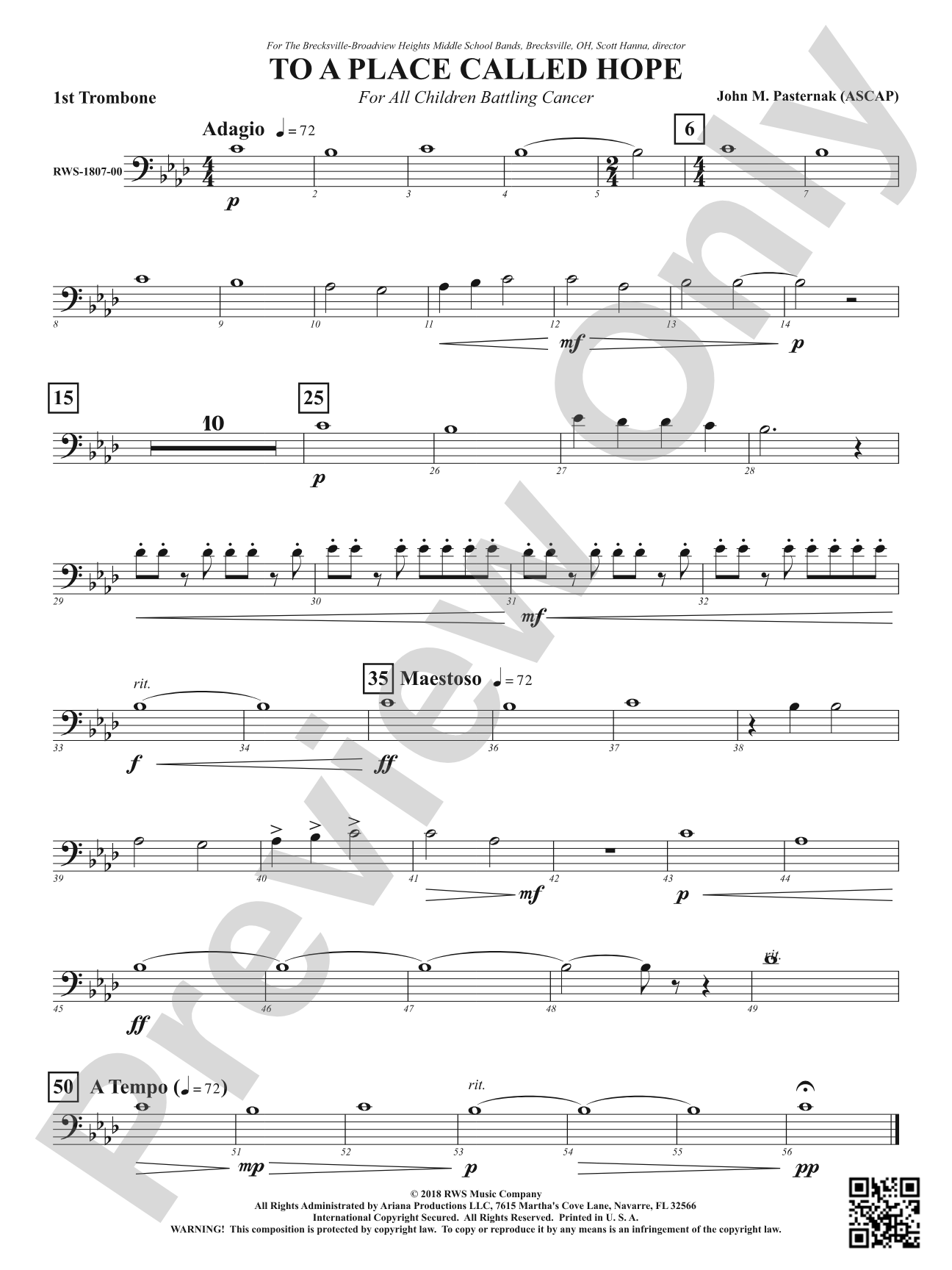 To a Place Called Hope - For All Children Battling Cancer: 1st Trombone