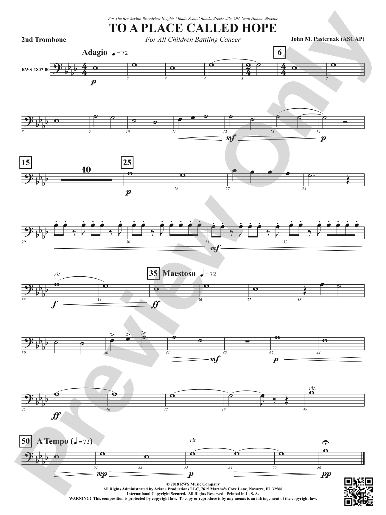 To a Place Called Hope - For All Children Battling Cancer: 2nd Trombone