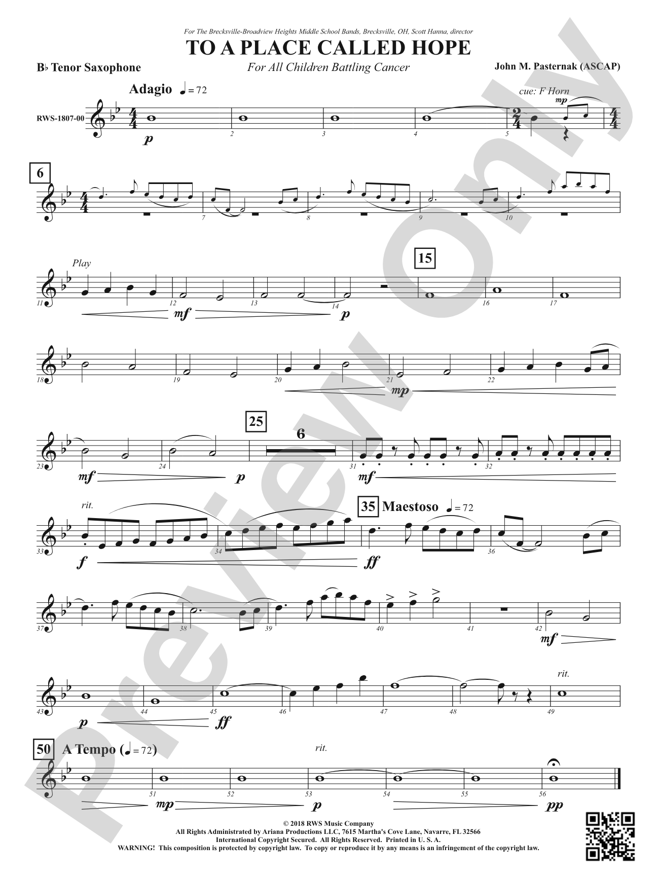 To a Place Called Hope - For All Children Battling Cancer: B-flat Tenor Saxophone