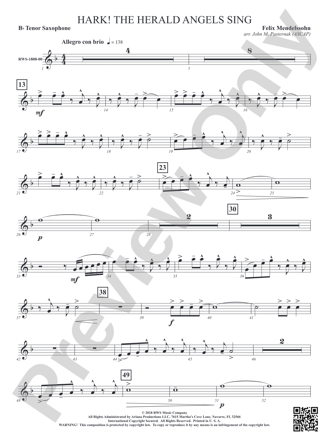 Hark! The Herald Angels Sing: B-flat Tenor Saxophone