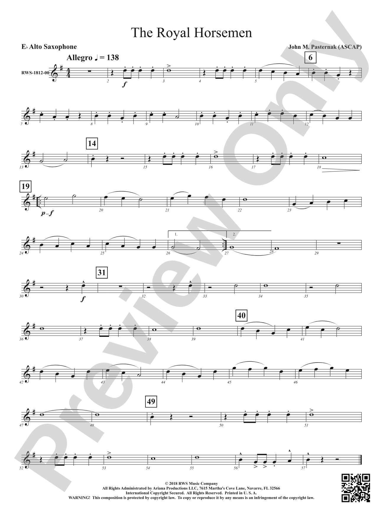 The Royal Horsemen: 1st E-flat Alto Saxophone