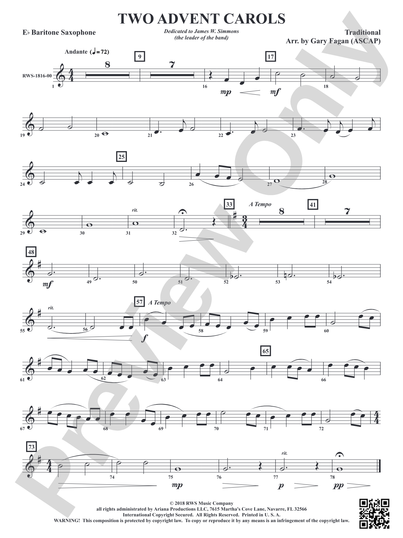 Two Advent Carols: E-flat Baritone Saxophone