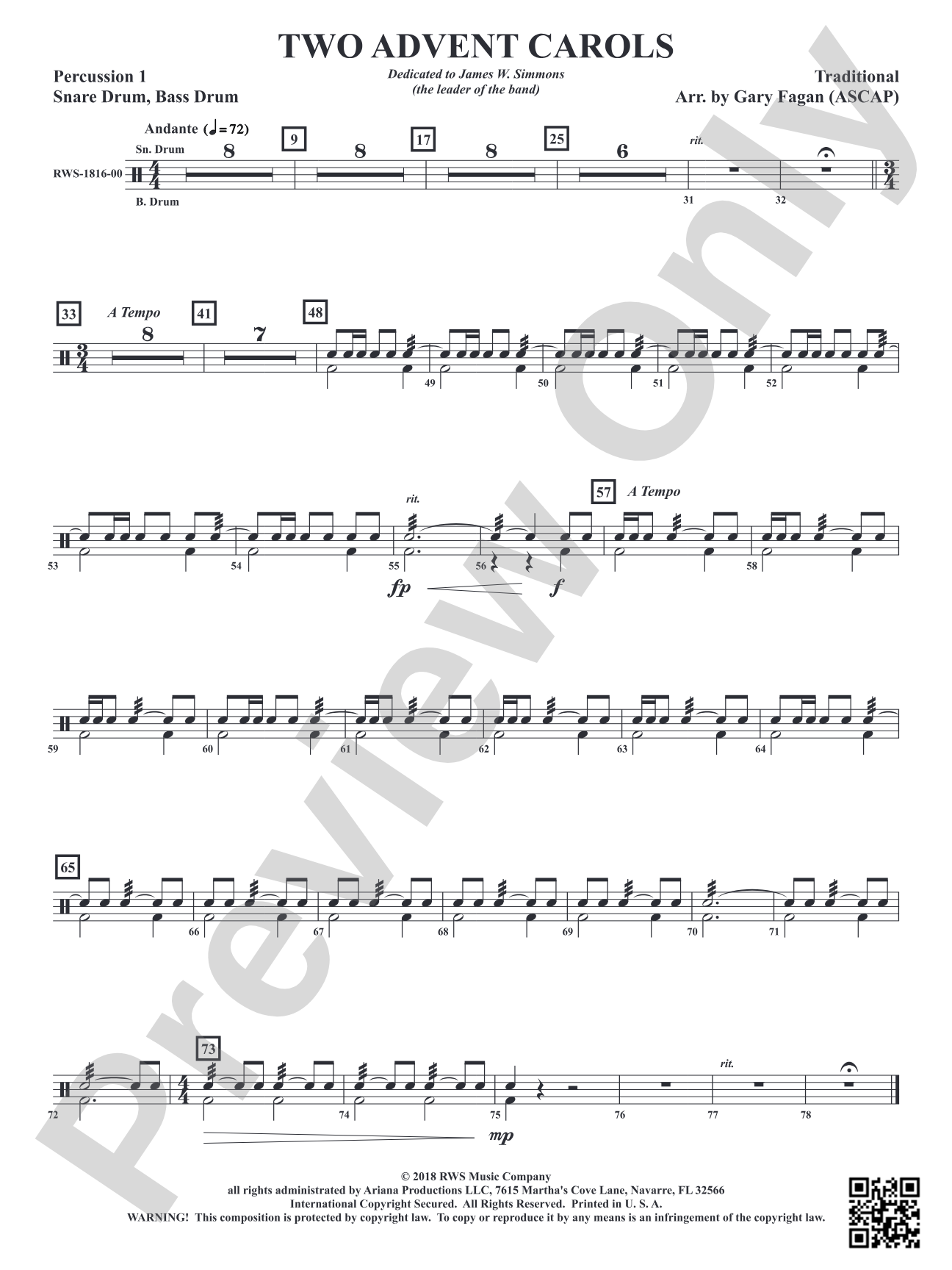 Two Advent Carols: 1st Percussion