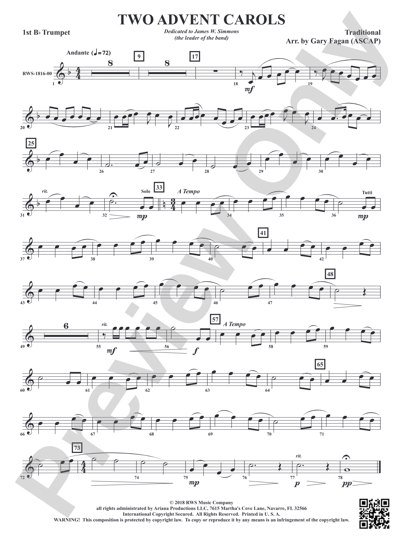 Two Advent Carols: 1st B-flat Trumpet