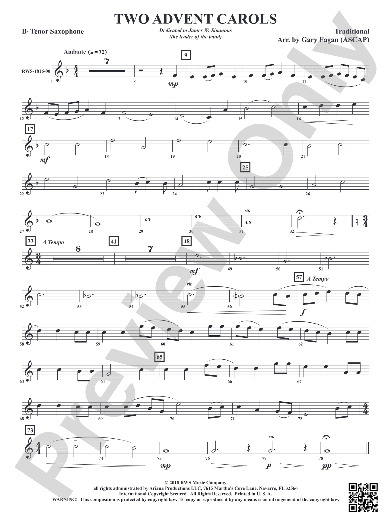 Two Advent Carols: B-flat Tenor Saxophone