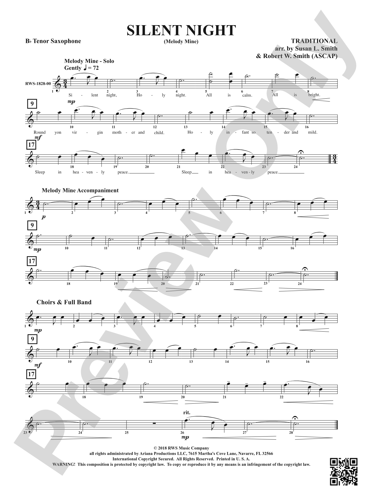 Silent Night - Melody Mine: B-flat Tenor Saxophone