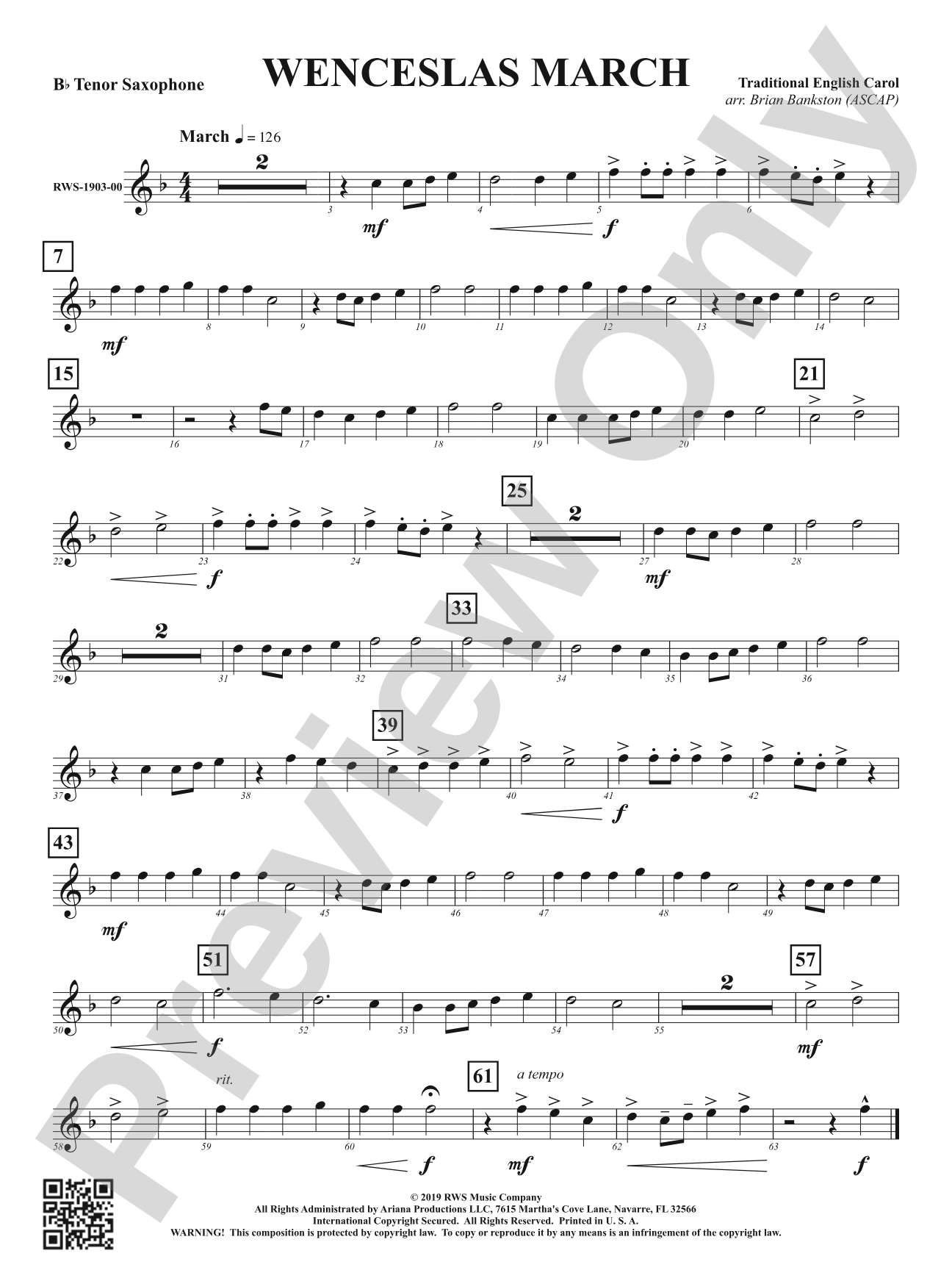 Wenceslas March: B-flat Tenor Saxophone