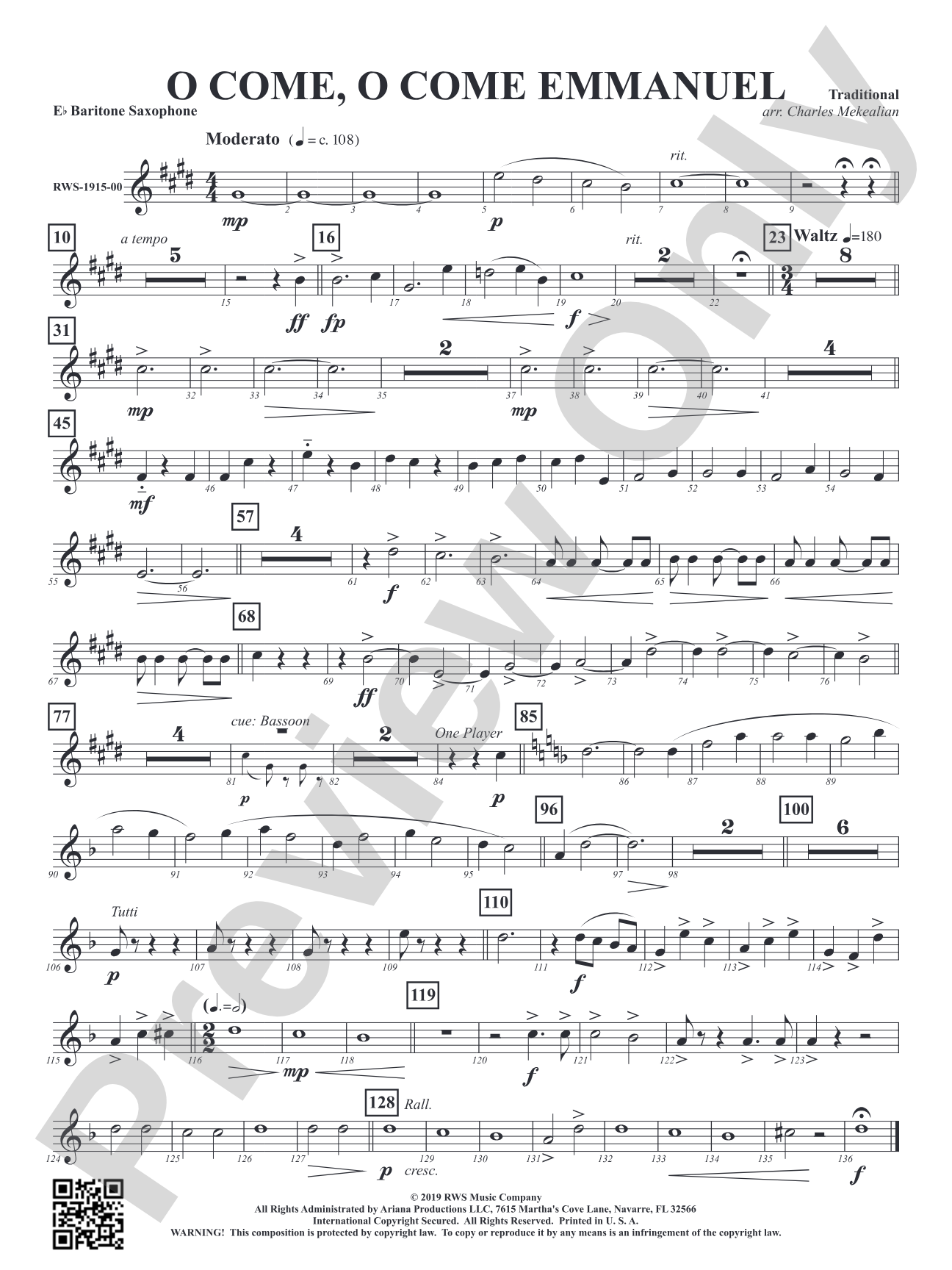 O Come, O Come Emmanuel: E-flat Baritone Saxophone