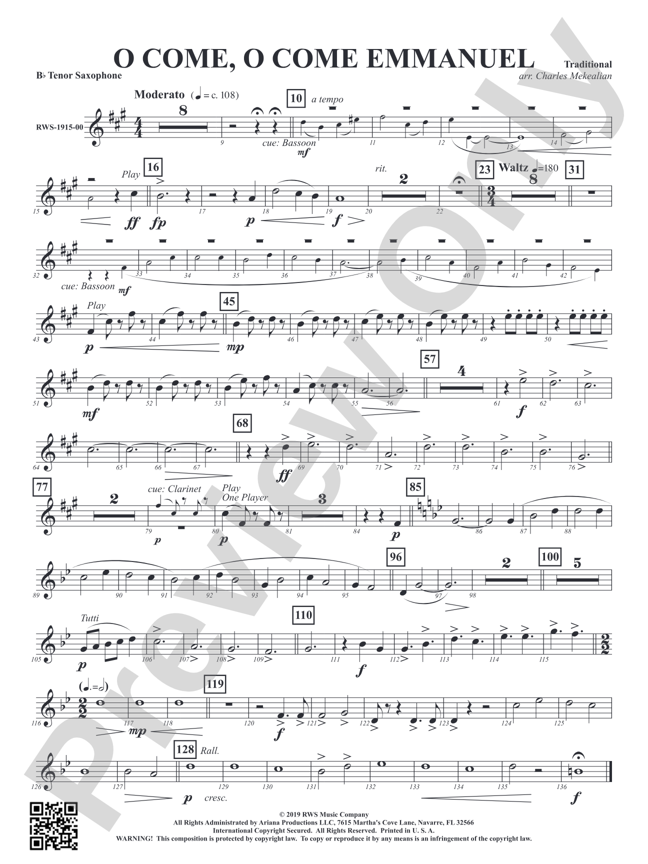 O Come, O Come Emmanuel: B-flat Tenor Saxophone