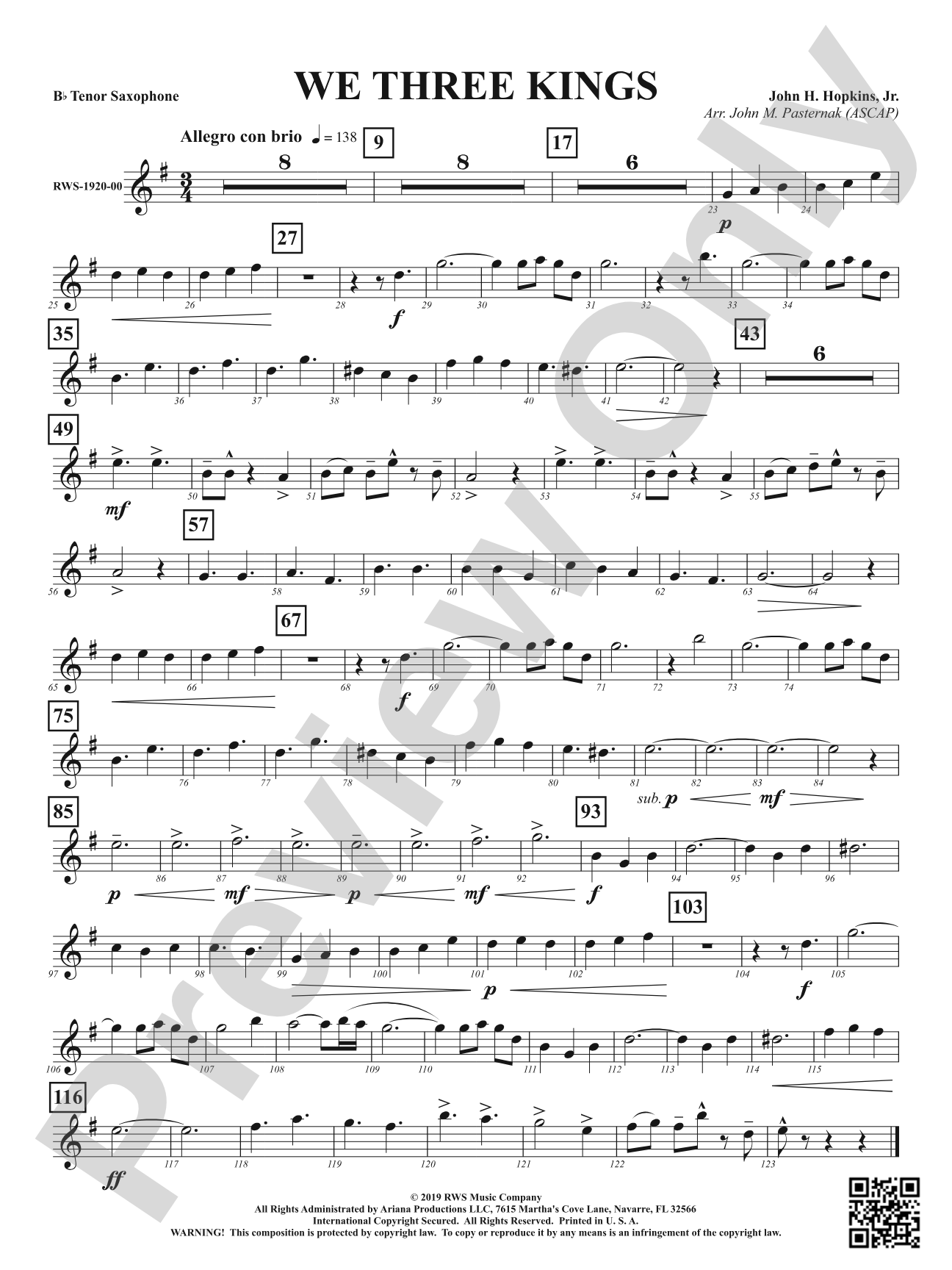 We Three Kings: B-flat Tenor Saxophone