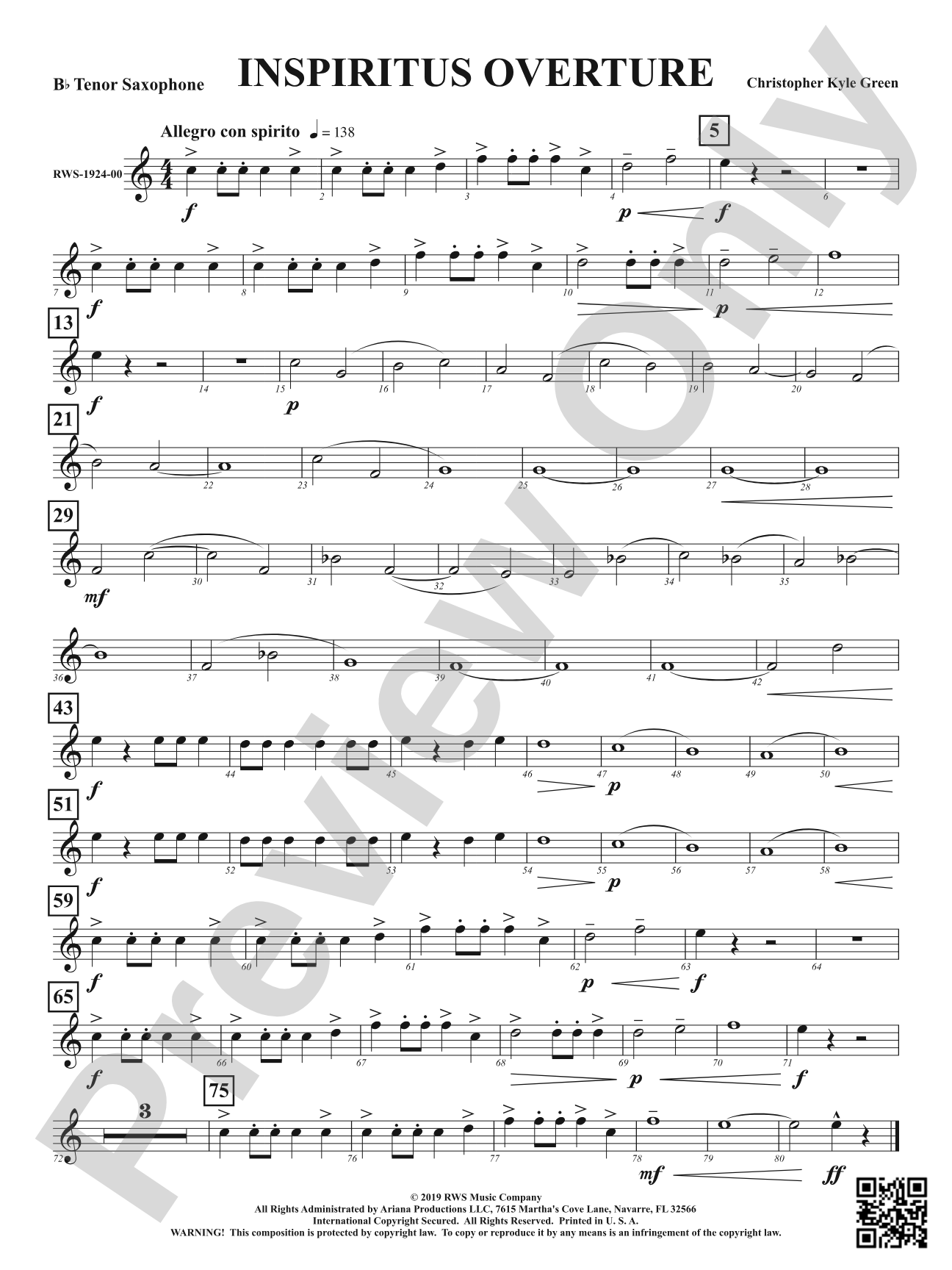 Inspiritus Overture: B-flat Tenor Saxophone
