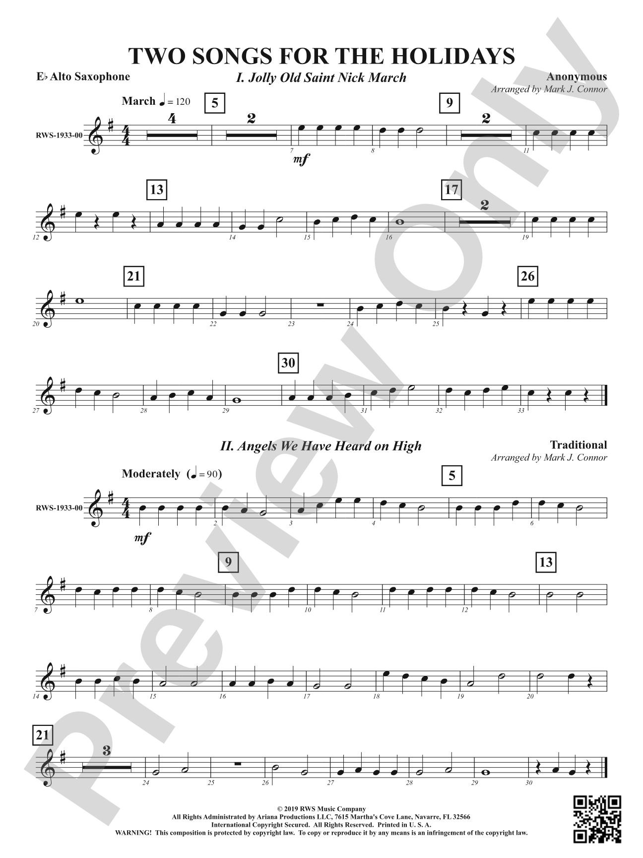 Two Songs for the Holidays - Jolly Old Saint Nick March & Angels We Have Heard On High: 1st E-flat Alto Saxophone