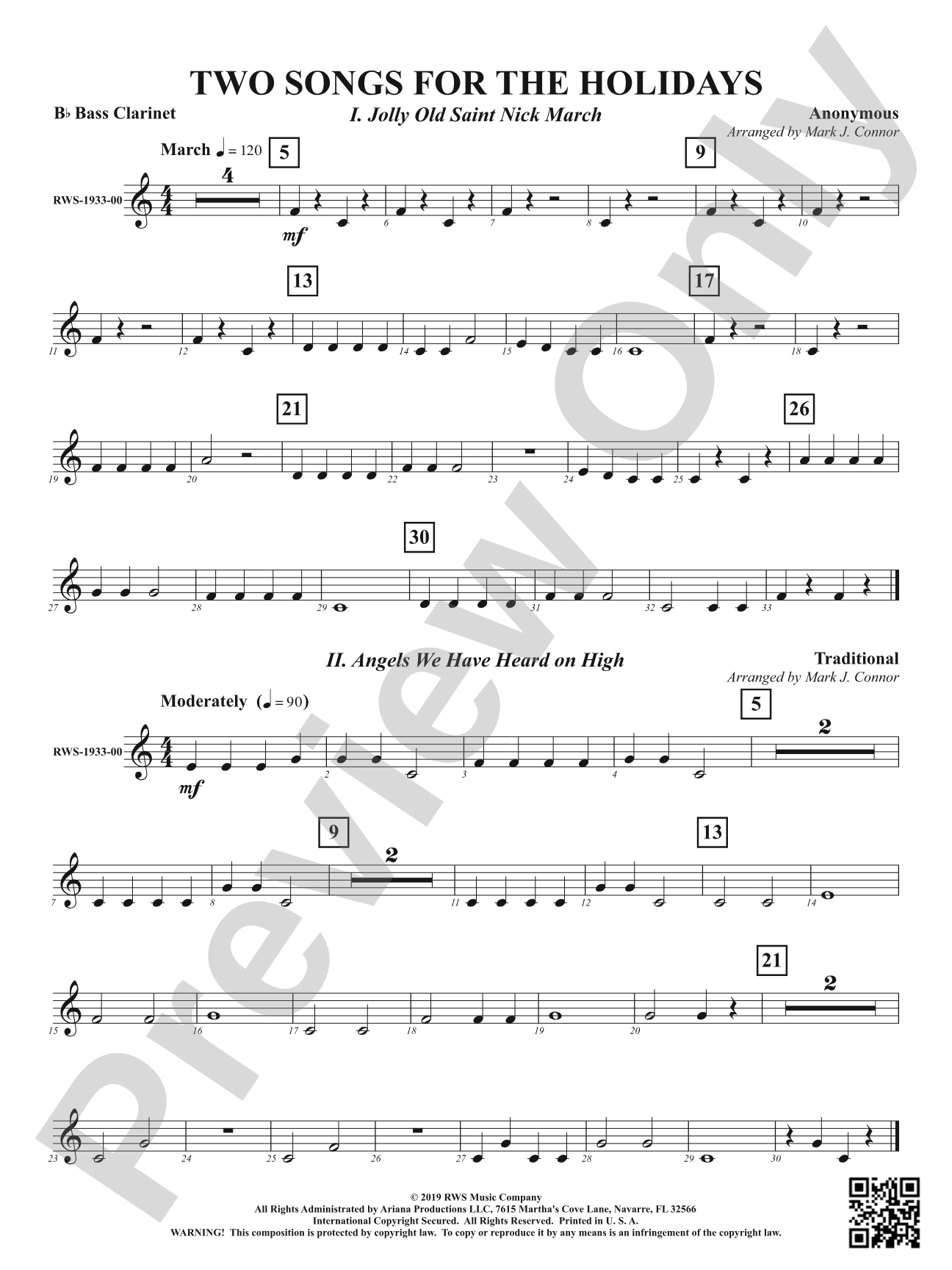 Two Songs for the Holidays - Jolly Old Saint Nick March & Angels We Have Heard On High: B-flat Bass Clarinet
