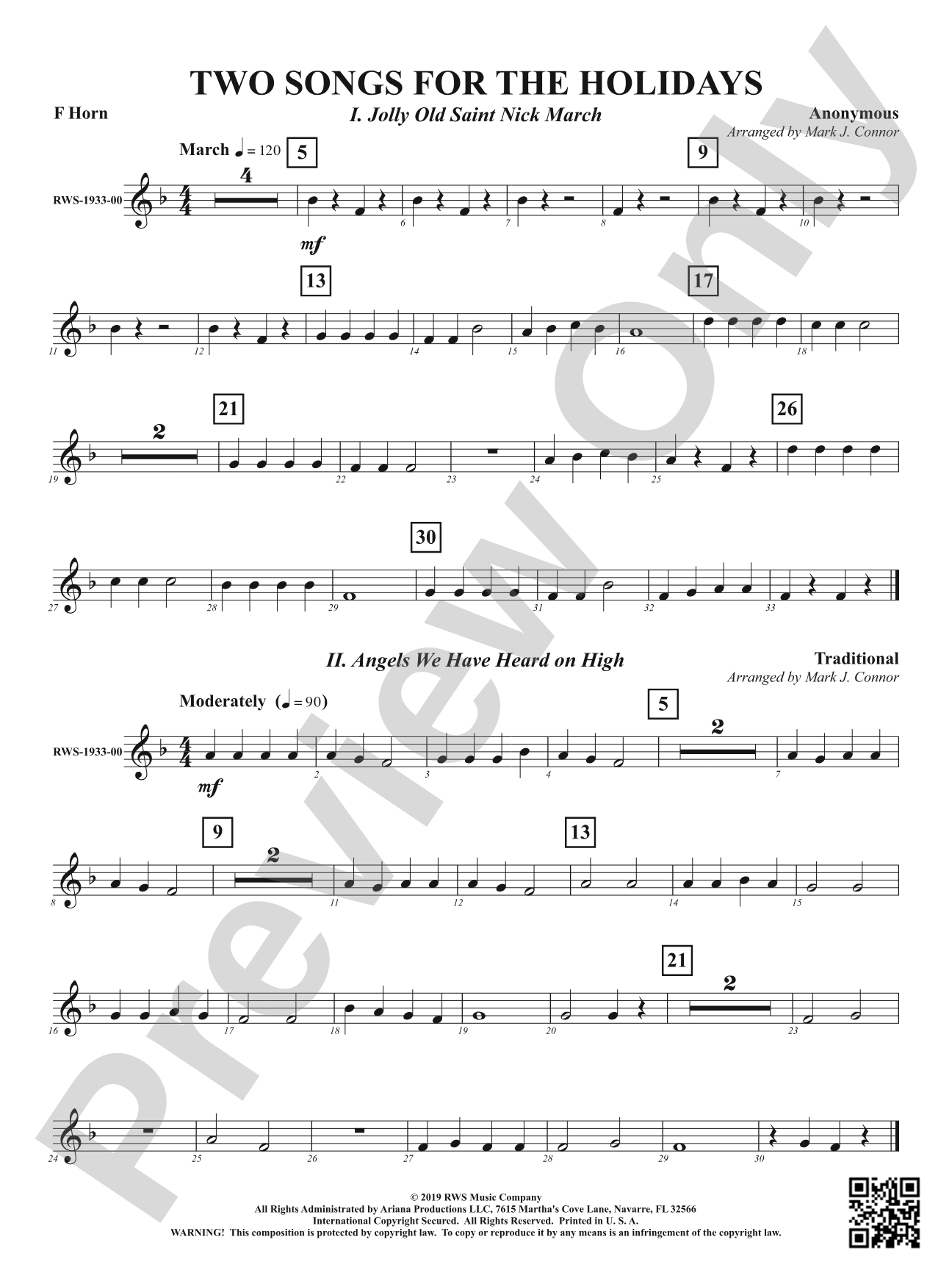 Two Songs for the Holidays - Jolly Old Saint Nick March & Angels We Have Heard On High: 1st F Horn