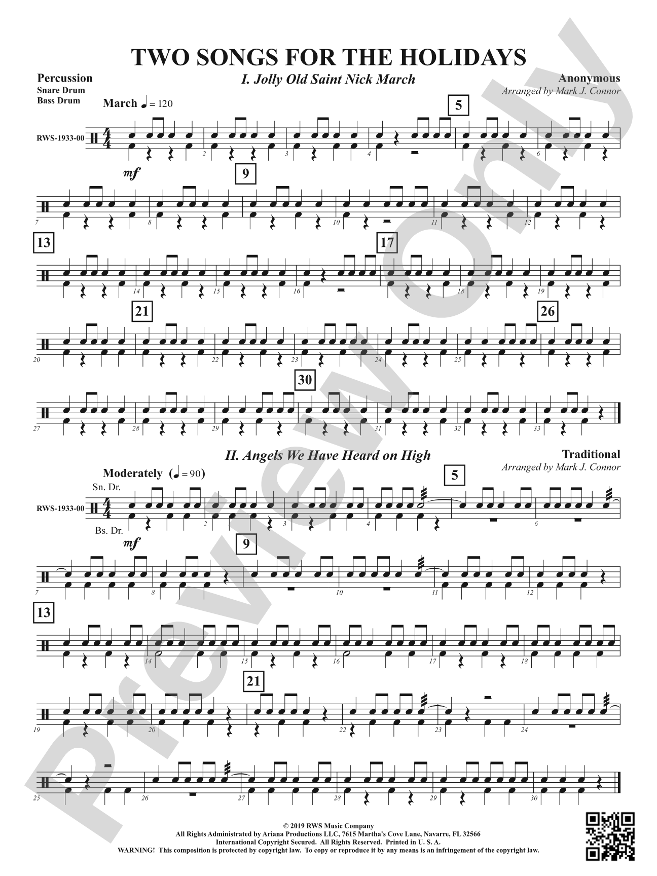 Two Songs for the Holidays - Jolly Old Saint Nick March & Angels We Have Heard On High: 1st Percussion