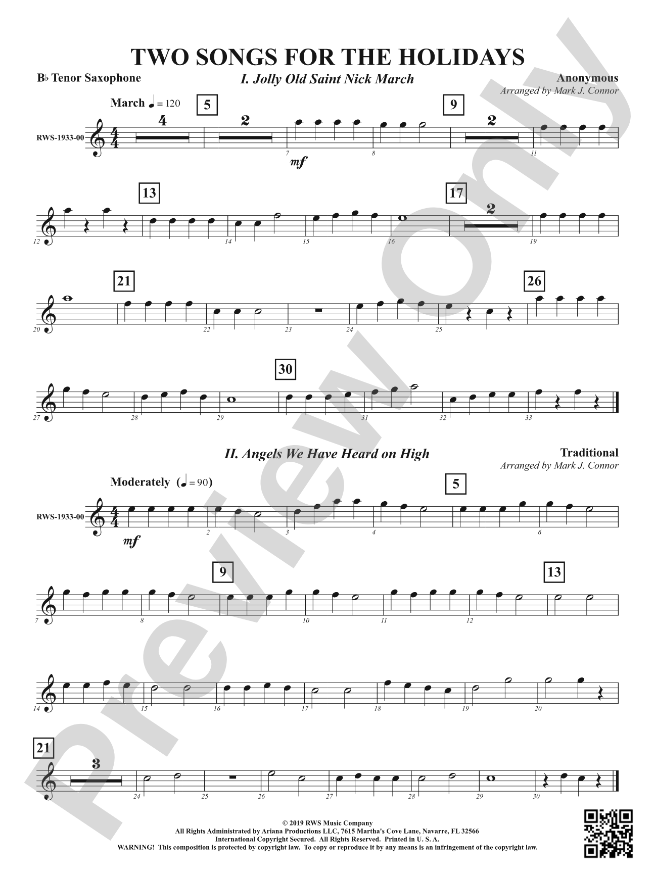 Two Songs for the Holidays - Jolly Old Saint Nick March & Angels We Have Heard On High: B-flat Tenor Saxophone