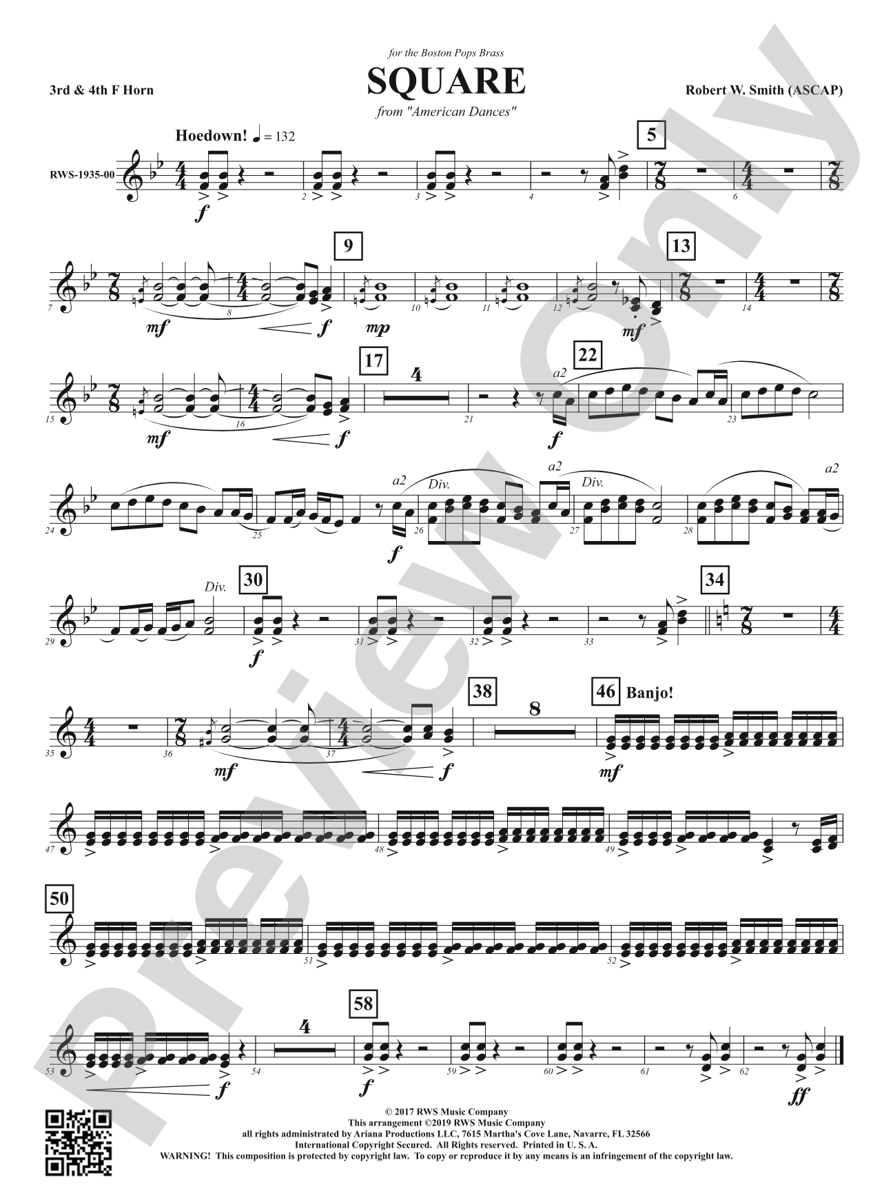 Square - Mvt. 2 from <i>American Dances</i>: 3rd & 4th F Horns
