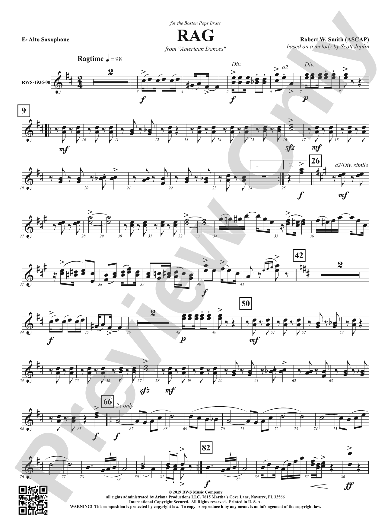 Rag - Mvt. 1 from <i>American Dances</i>: 1st E-flat Alto Saxophone