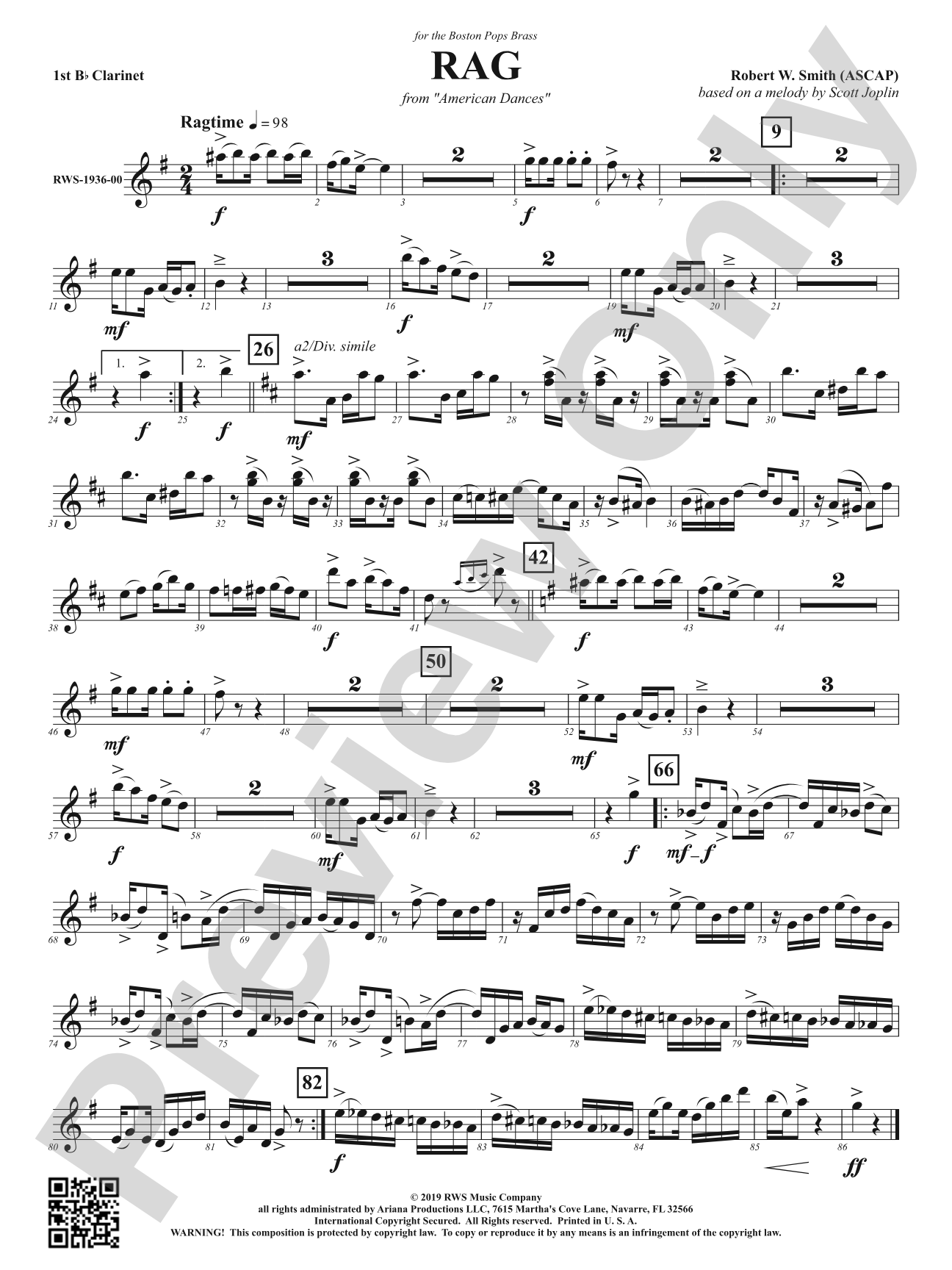Rag - Mvt. 1 from <i>American Dances</i>: 1st B-flat Clarinet