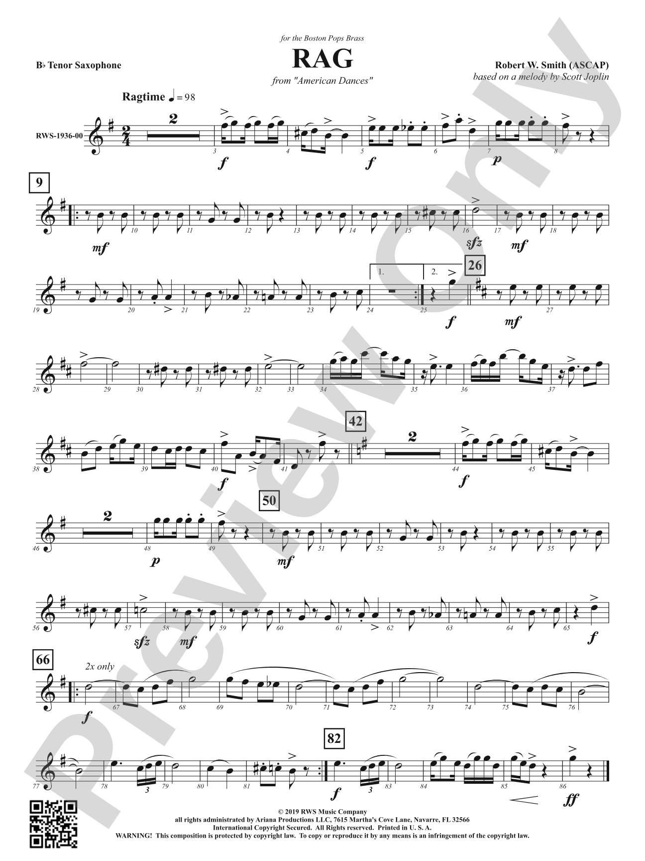 Rag - Mvt. 1 from <i>American Dances</i>: B-flat Tenor Saxophone