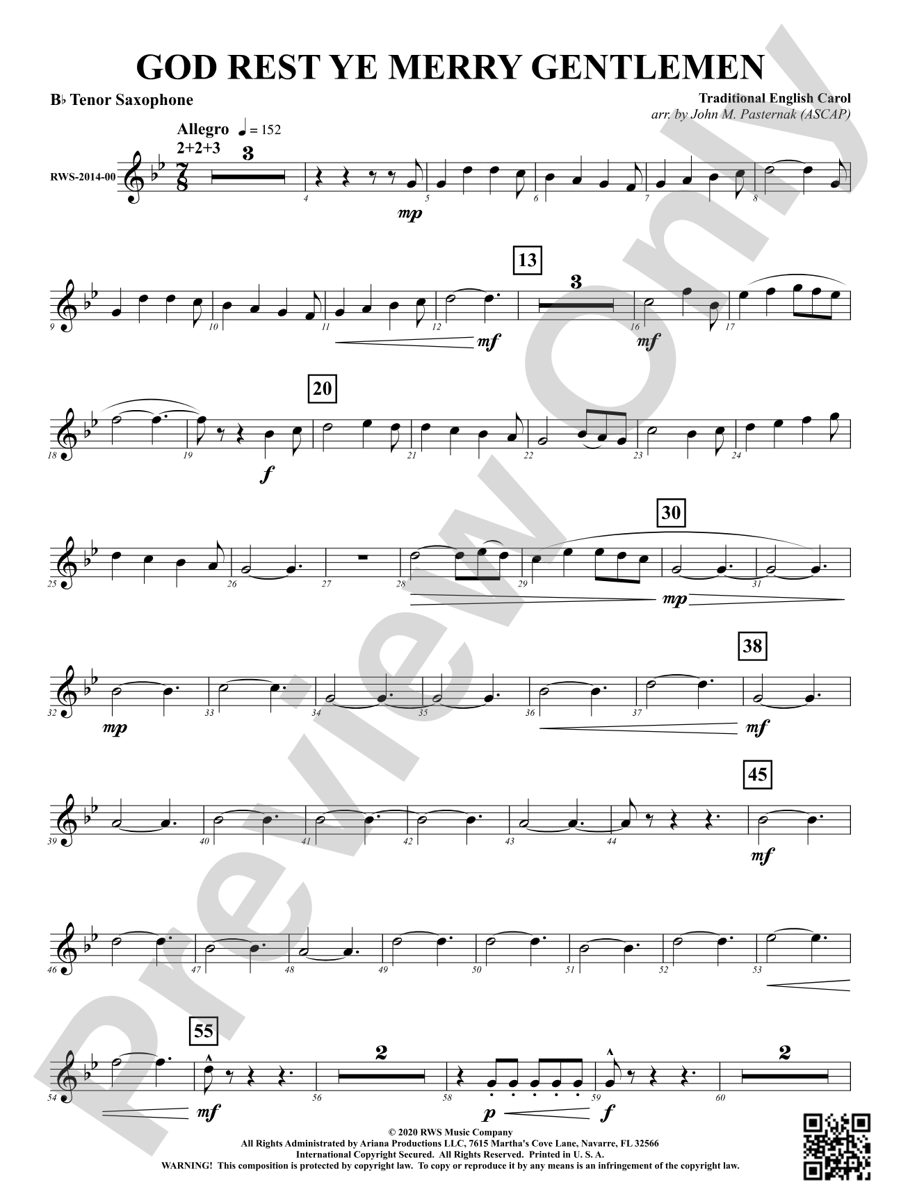 God Rest Ye Merry Gentlemen: B-flat Tenor Saxophone