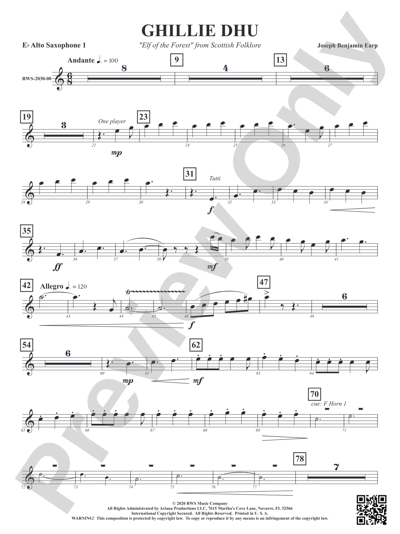 Ghillie Dhu - "Elf of the Forest" from Scottish Folklore: 1st E-flat Alto Saxophone