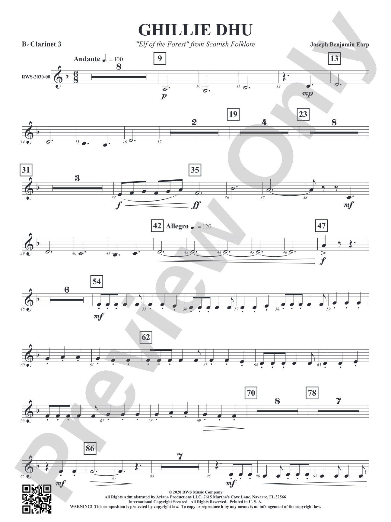 Ghillie Dhu - "Elf of the Forest" from Scottish Folklore: 3rd B-flat Clarinet
