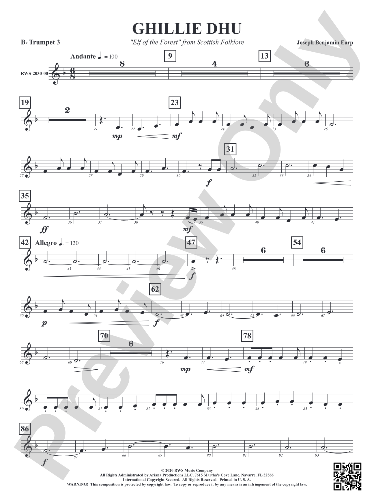 Ghillie Dhu - "Elf of the Forest" from Scottish Folklore: 3rd B-flat Trumpet