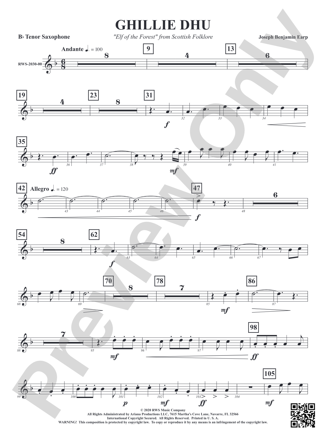 Ghillie Dhu - "Elf of the Forest" from Scottish Folklore: B-flat Tenor Saxophone