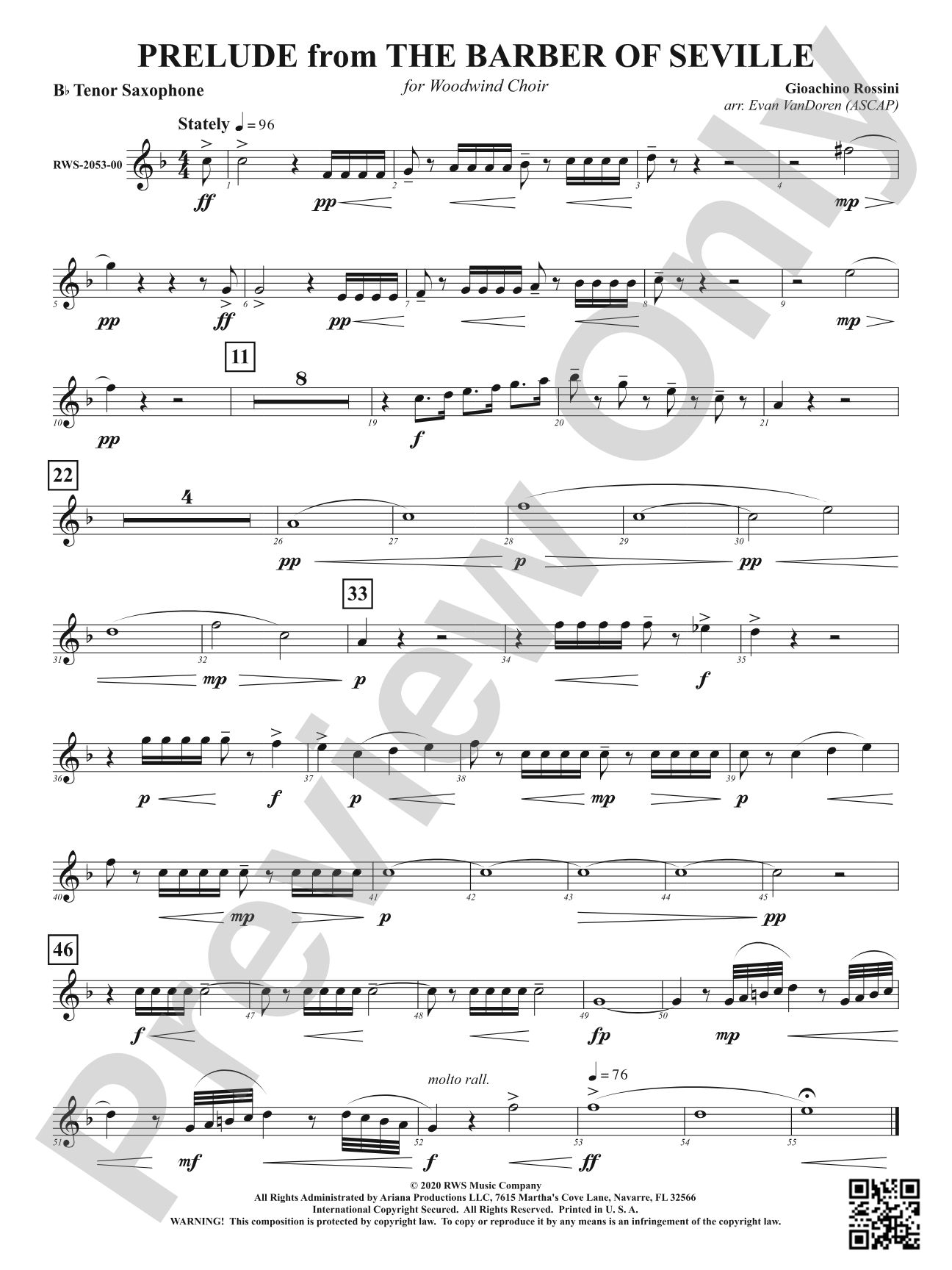 Prelude from <i>The Barber of Seville</i> - For Woodwind Choir: B-flat Tenor Saxophone