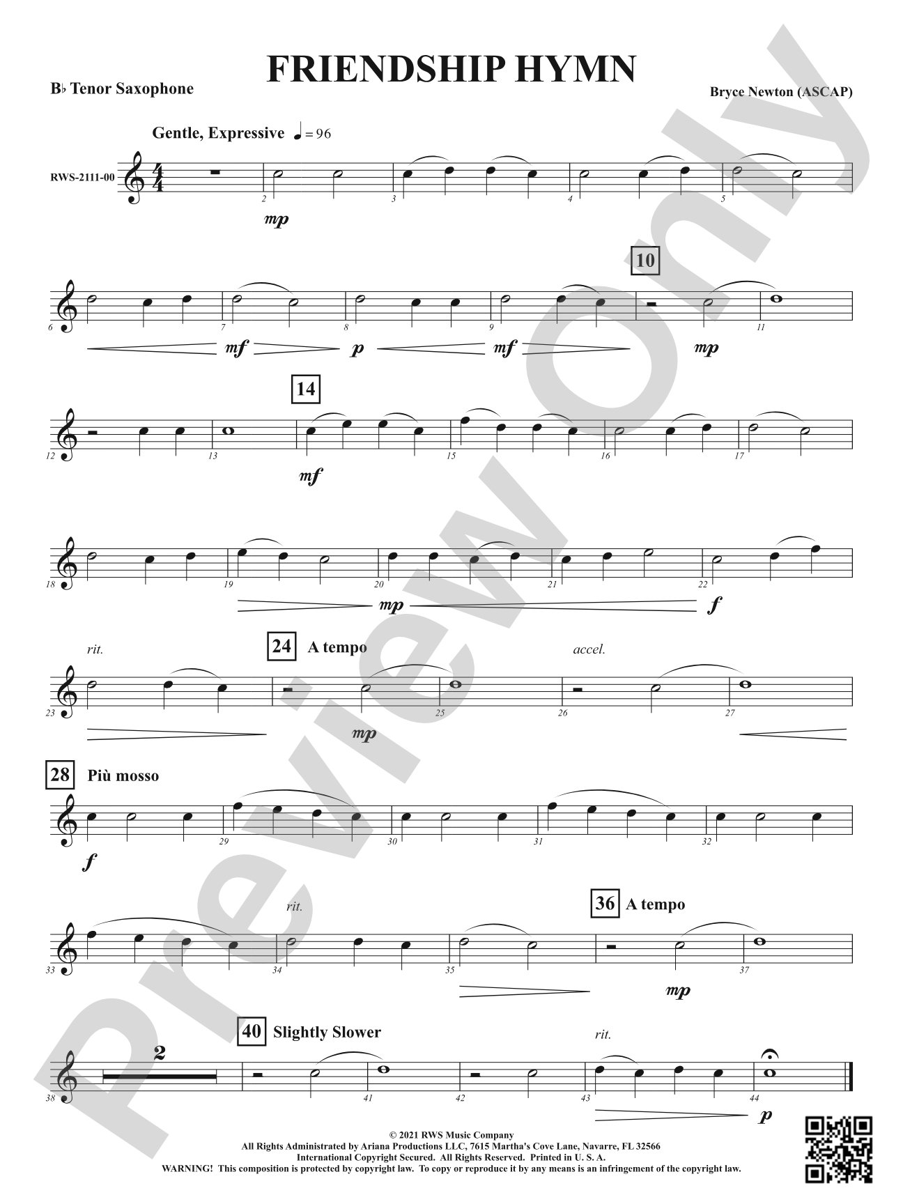 Friendship Hymn: B-flat Tenor Saxophone