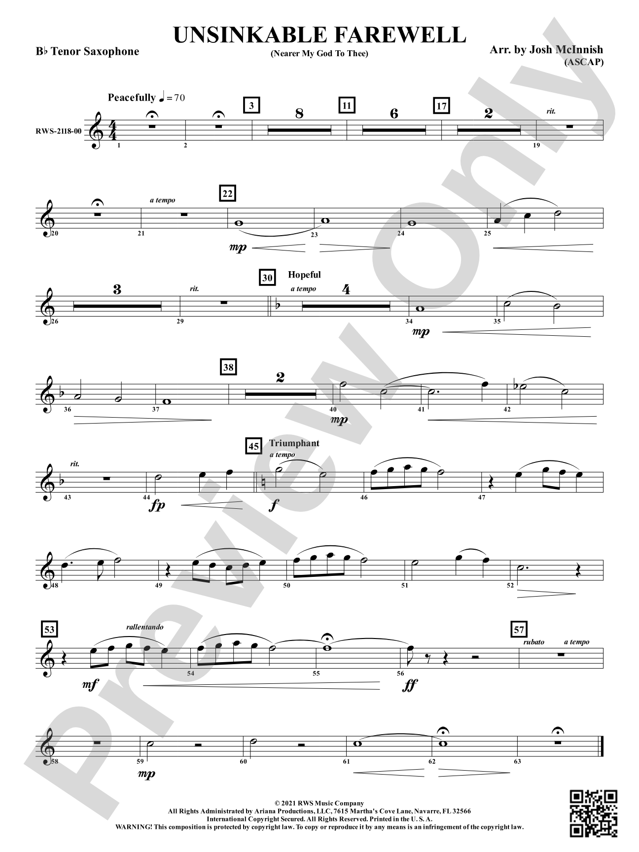 Unsinkable Farewell - Nearer My God to Thee: B-flat Tenor Saxophone