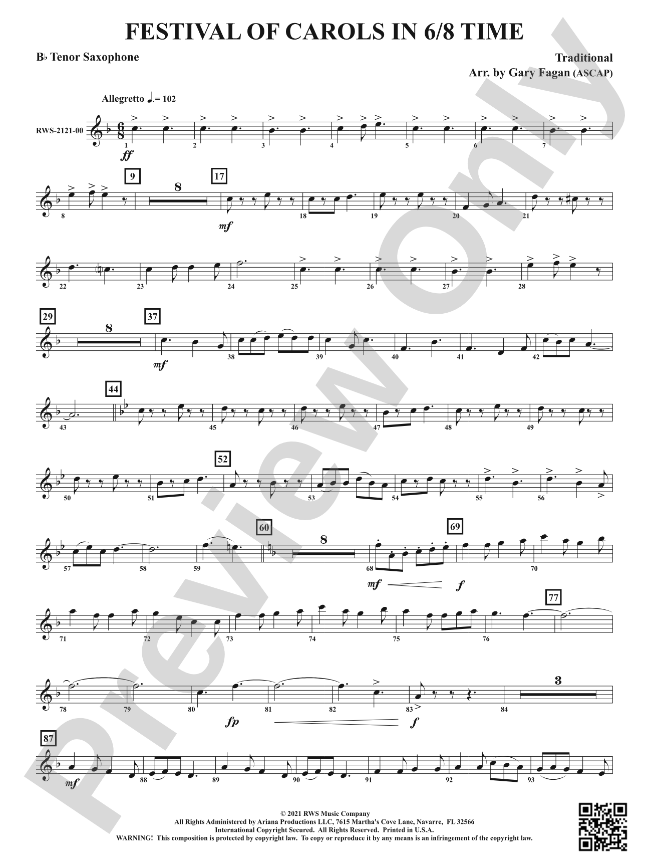 Festival of Carols in 6/8 Time: B-flat Tenor Saxophone