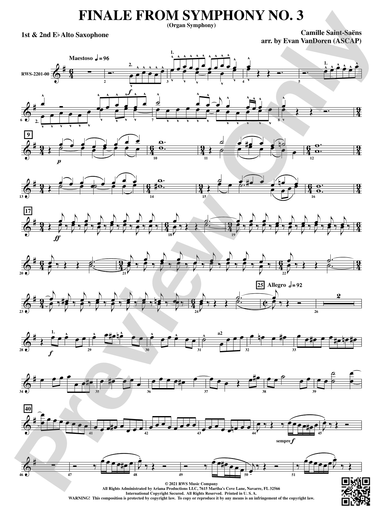 Finale from <i>Symphony No. 3</i> - Organ Symphony: 1st & 2nd E-flat Alto Saxophone