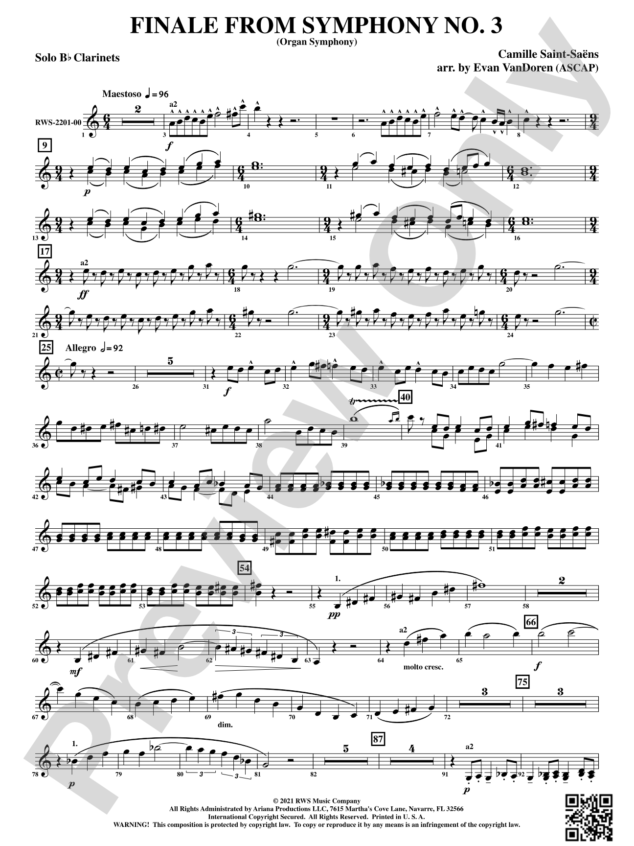 Finale from <i>Symphony No. 3</i> - Organ Symphony: Solo Bb Clarinet(s)